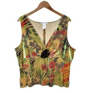 Vintage Y2K Stretch Velvet Babydoll Floral Patterned Top Size 3X Fairy Tan Green